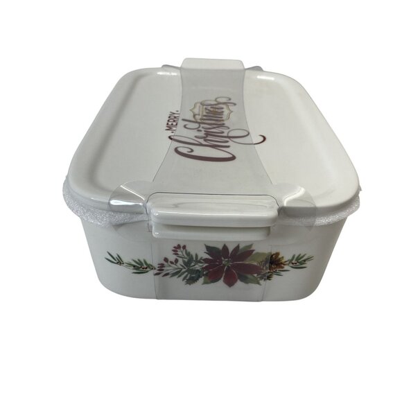 Grace Pantry Elegant Porcelain Christmas Baking Dish w/ Lid Poinsettia Design - Picture 3 of 9